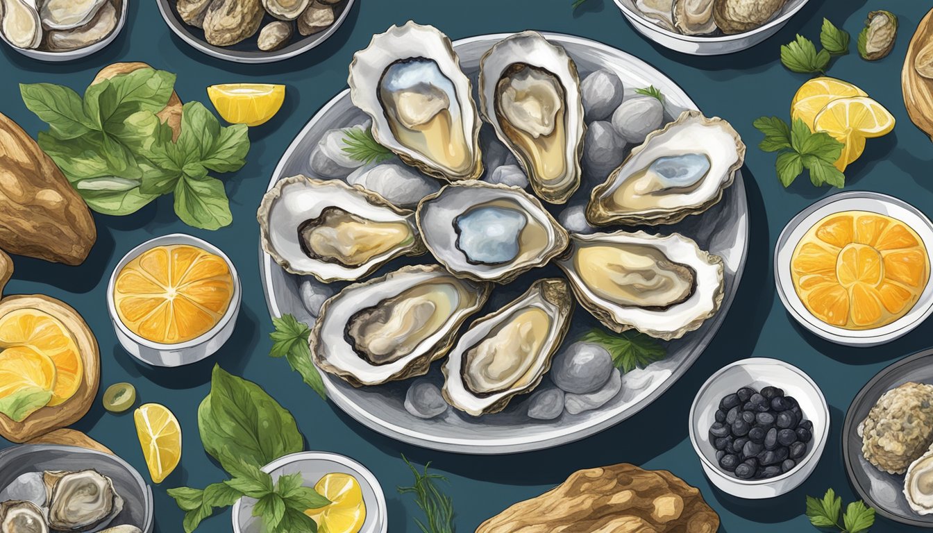 A plate of zinc-rich oysters surrounded by natural aphrodisiacs and energy-boosting foods