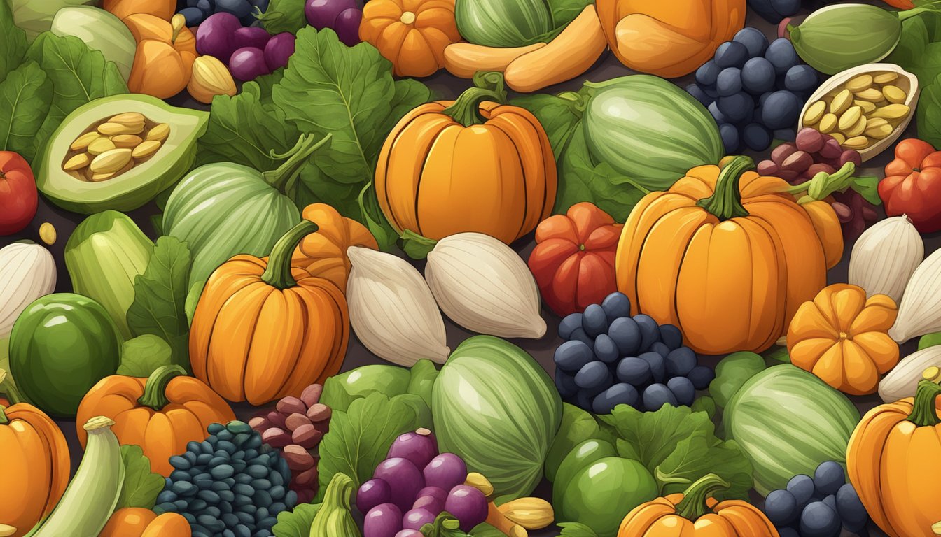 A pile of pumpkin seeds surrounded by various fruits and vegetables, with a spotlight shining on them