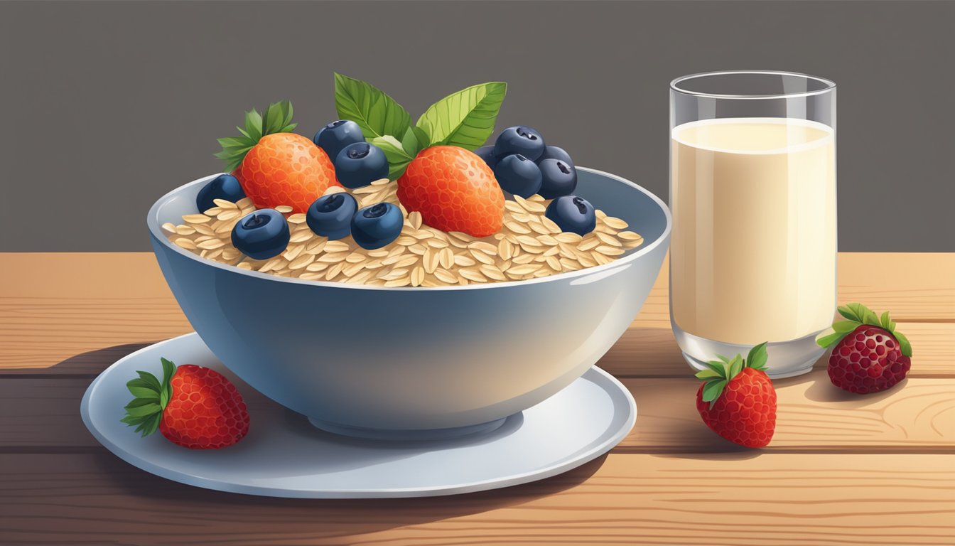 A bowl of oats surrounded by fresh fruits and a glass of milk on a wooden table