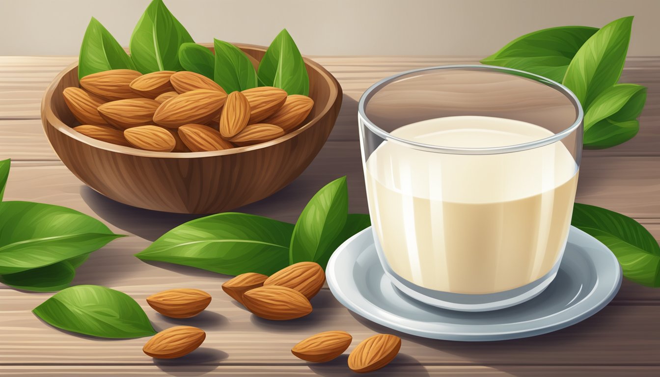 A bowl of almonds surrounded by fresh green leaves and a glass of milk on a wooden table