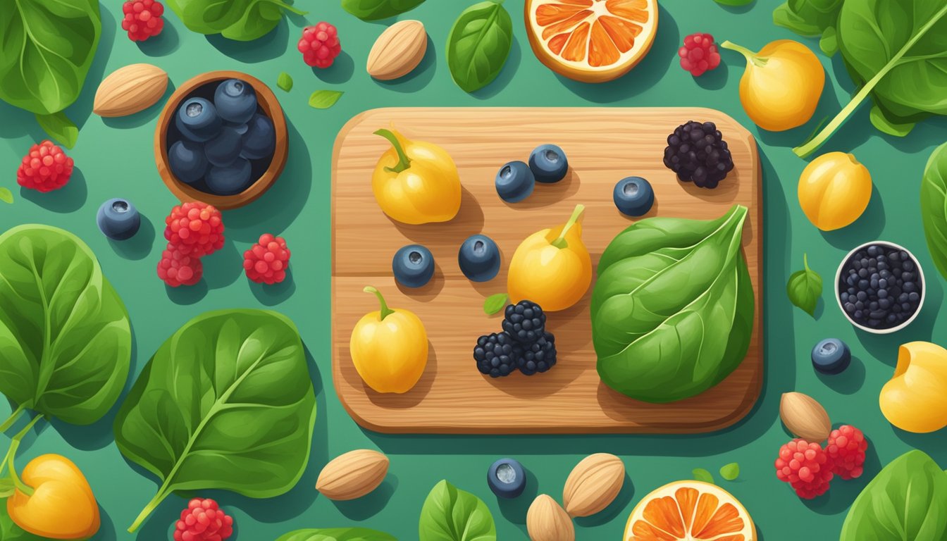 A colorful array of fresh spinach, berries, and nuts arranged on a wooden cutting board, surrounded by vibrant green leaves and a soft natural light