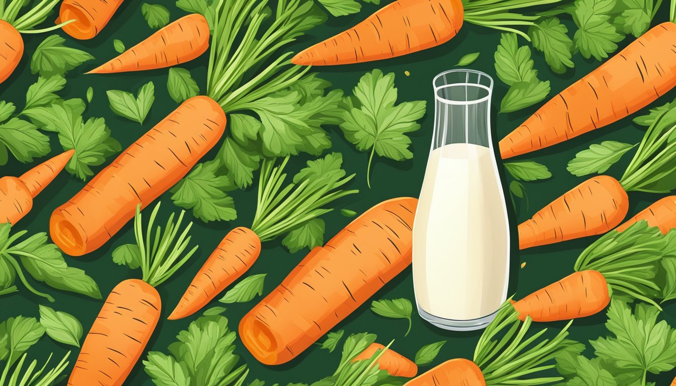 A colorful pile of fresh carrots surrounded by green leaves and a glass of milk