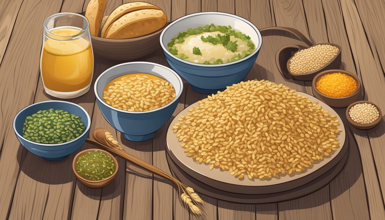 A variety of barley-based foods arranged on a wooden table with natural lighting. Items include barley grains, bread, soup, and a bowl of barley salad with fresh ingredients