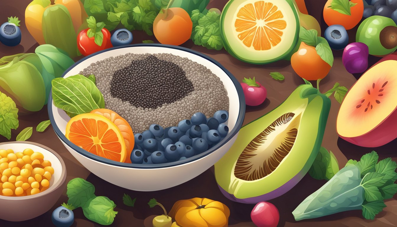 A bowl of chia seeds surrounded by colorful fruits and vegetables, with a soft, warm light shining down on them