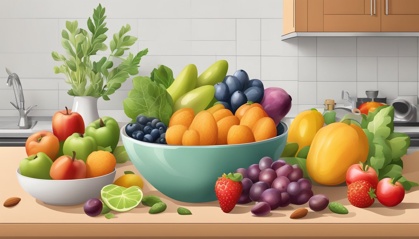 A bowl of almonds surrounded by colorful fruits and vegetables on a kitchen countertop