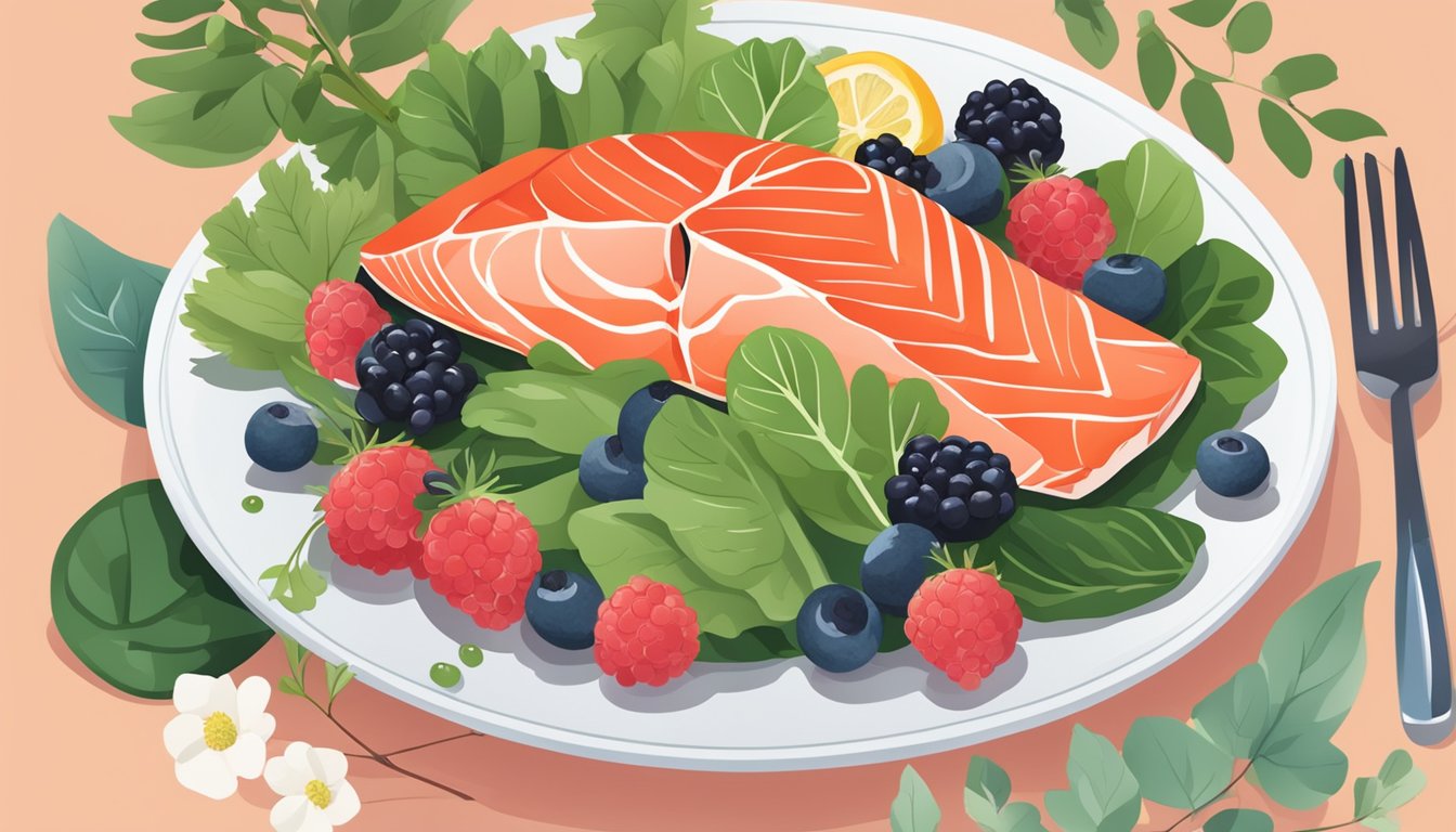 A colorful plate with salmon, leafy greens, and berries, surrounded by natural elements like flowers and herbs