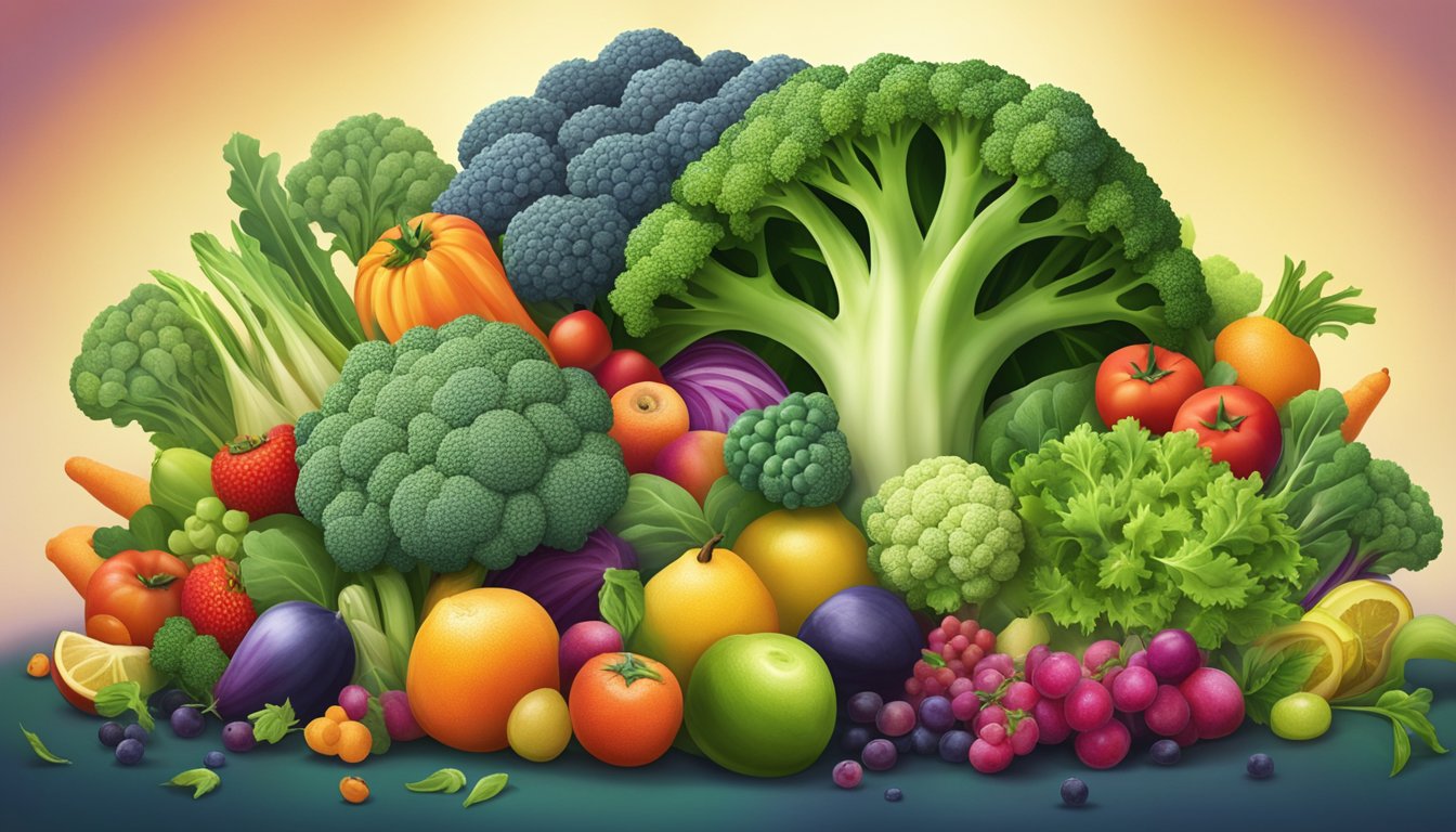 A vibrant pile of broccoli surrounded by colorful fruits and vegetables, with a glowing aura emanating from the center