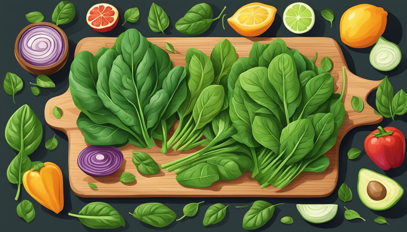 A vibrant assortment of fresh spinach leaves, surrounded by other colorful power foods, arranged on a wooden cutting board