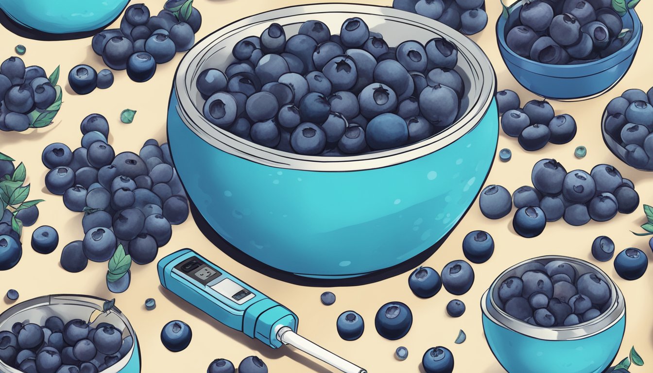 A bowl of vibrant blueberries surrounded by discarded vaping devices