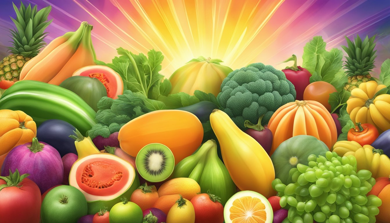 A vibrant papaya surrounded by other colorful fruits and vegetables, with rays of light shining down on it, symbolizing its powerful digestive and metabolic benefits