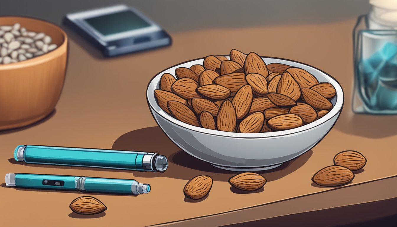 A bowl of almonds and a discarded vaping device on a table