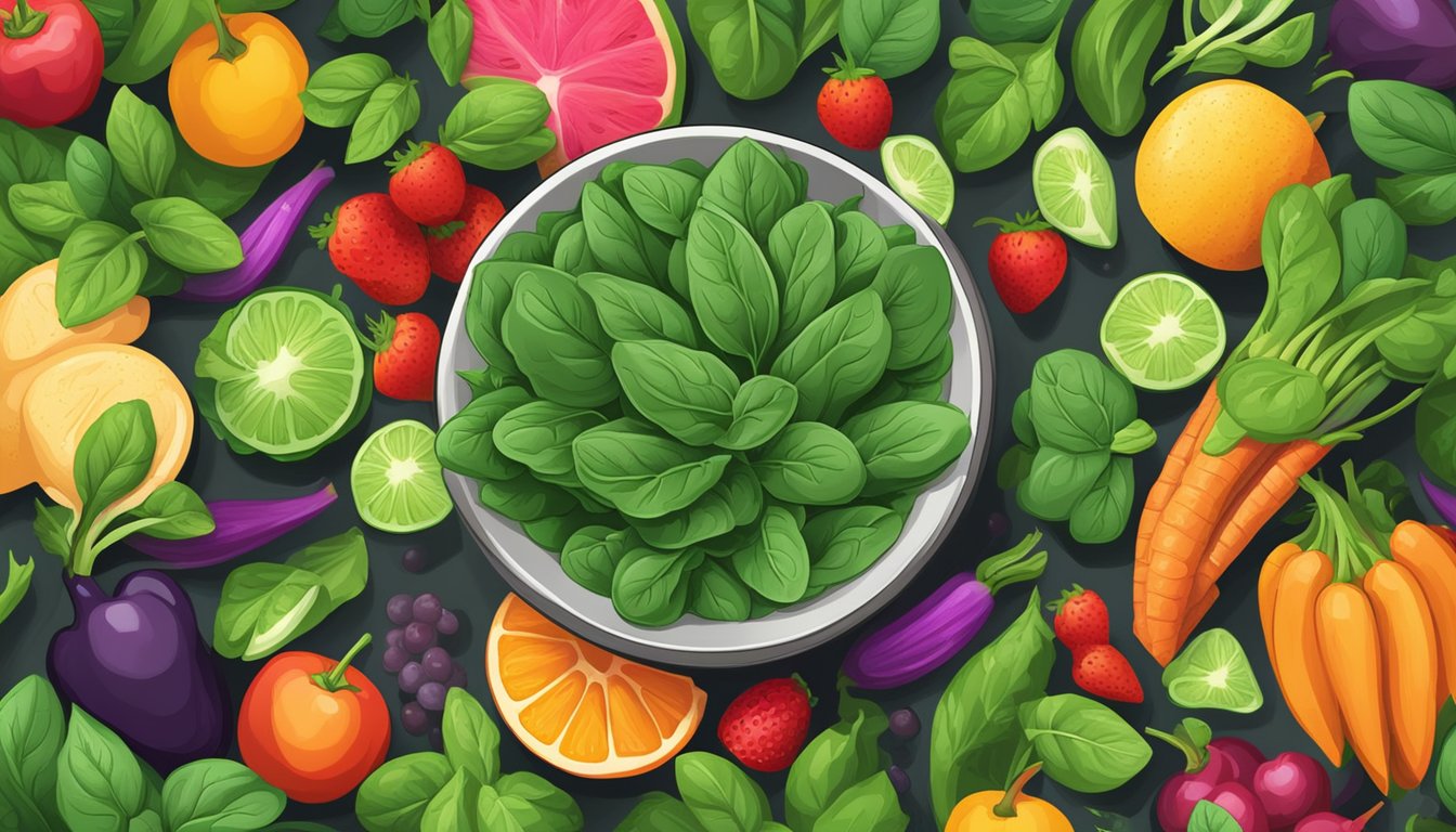 A vibrant bunch of fresh spinach leaves arranged in a bowl, surrounded by colorful fruits and vegetables, with a bold "no vaping" sign in the background