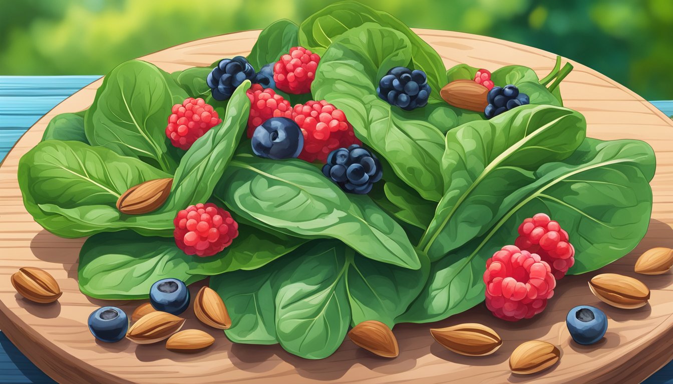 A vibrant plate of spinach leaves, berries, and nuts on a wooden table. Blue skies and greenery in the background