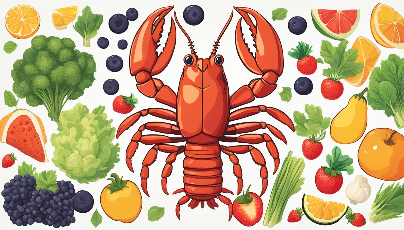 A lobster surrounded by colorful fruits and vegetables, symbolizing the power of healthy foods in overcoming nicotine cravings