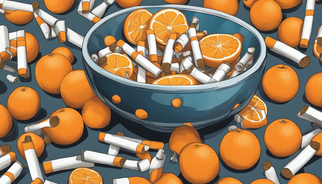 A bowl of oranges surrounded by cigarettes being pushed away