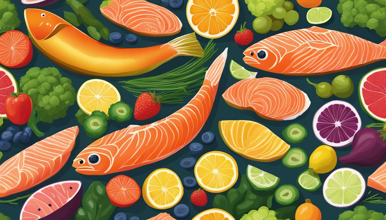 A vibrant array of salmon, fruits, and vegetables arranged on a table, radiating energy and vitality