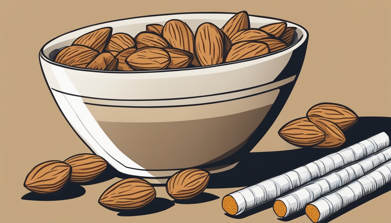 A bowl of almonds sits next to a pack of cigarettes, symbolizing the choice to curb cravings and support quitting smoking