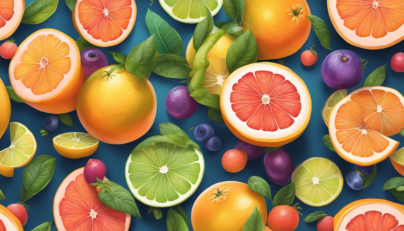 A vibrant grapefruit surrounded by other colorful, power-packed foods, with a sense of energy and vitality