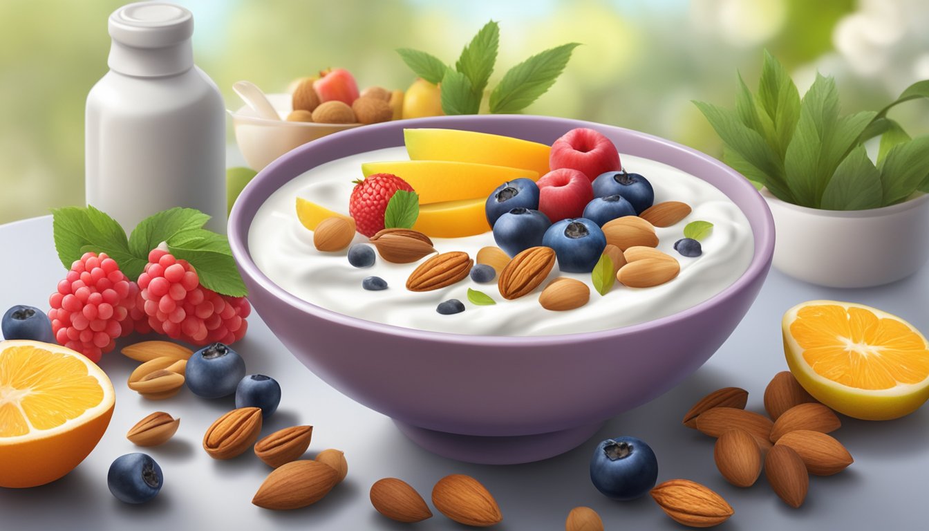 A bowl of yogurt surrounded by colorful fruits and nuts, with a background of a serene, smoke-free environment