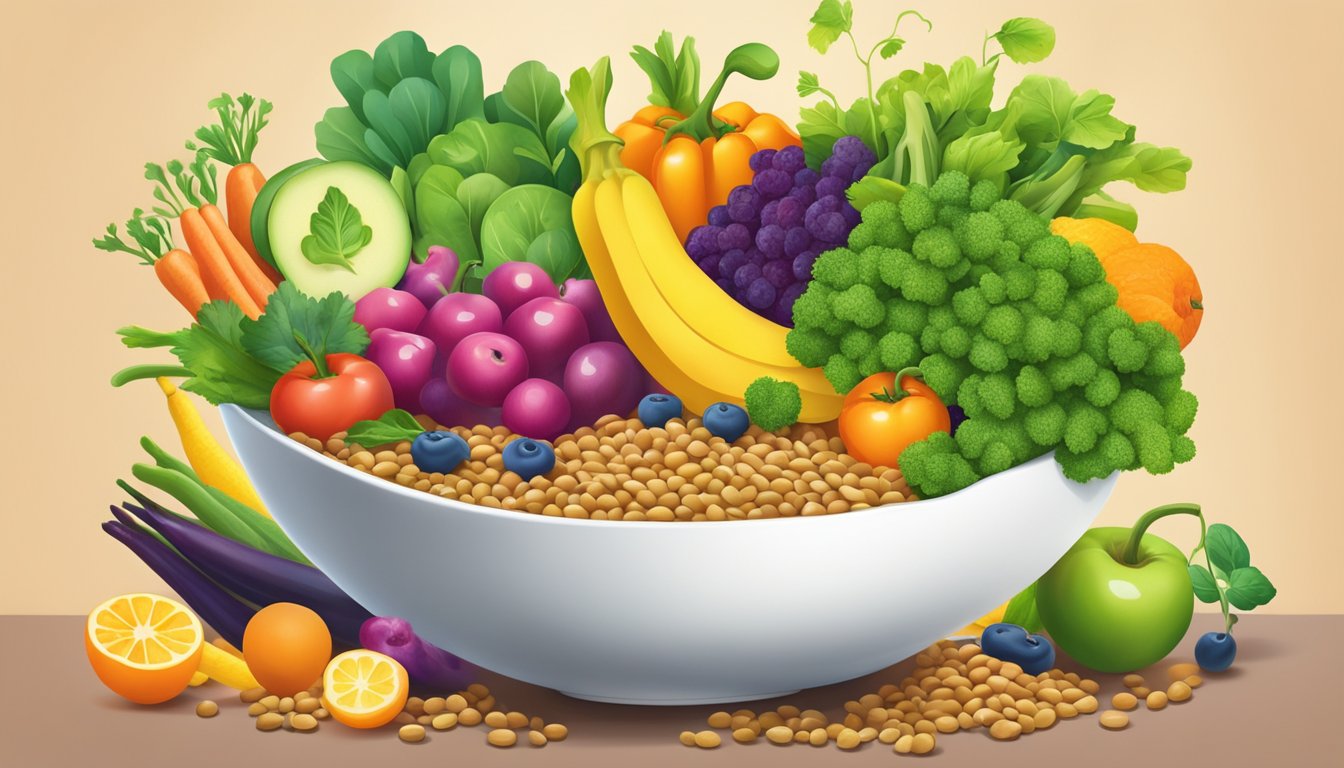 A bowl of lentils surrounded by vibrant vegetables and fruits, with a burst of energy emanating from them