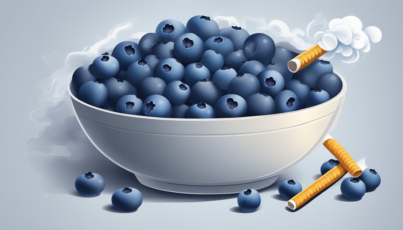 A bowl of blueberries surrounded by smoke and a broken cigarette, symbolizing the power of blueberries to help overcome nicotine cravings