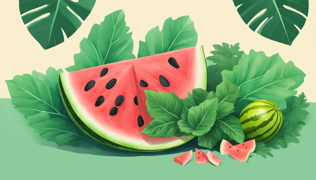 A juicy watermelon slice surrounded by vibrant green leaves and a lit cigarette being crushed under a foot