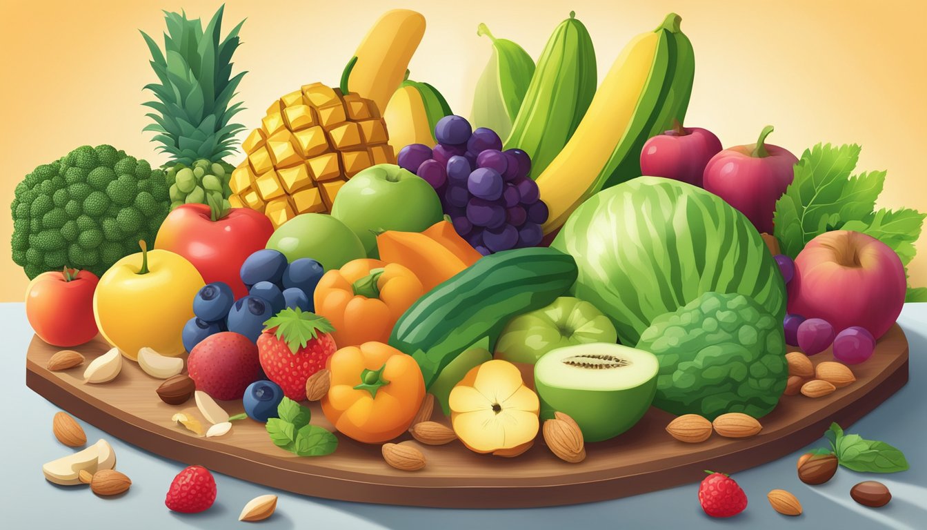 A colorful array of fruits, vegetables, and nuts arranged on a table, with a spotlight shining on them, symbolizing the nutritional benefits of power foods for curbing nicotine cravings