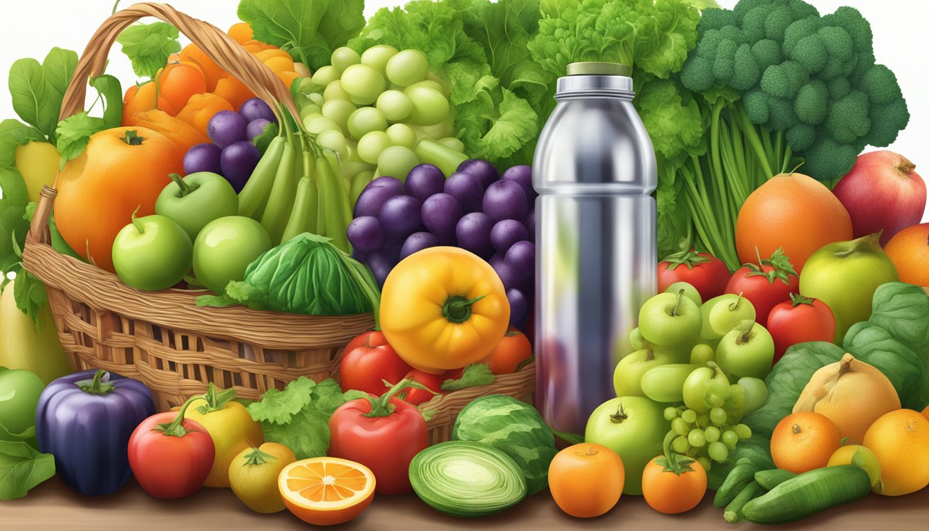 A colorful array of fresh fruits and vegetables overflowing from a vibrant market basket, with a clear glass water bottle nearby