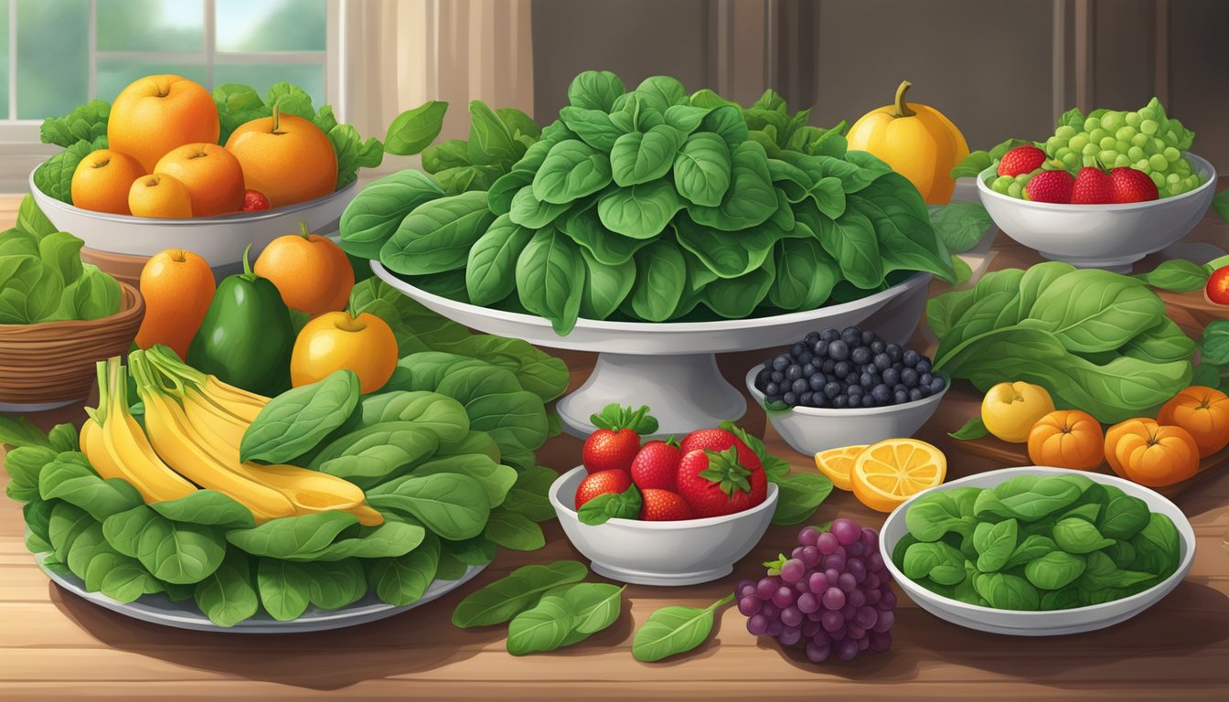 A table spread with vibrant green spinach leaves, along with other colorful fruits and vegetables, arranged in an inviting and appetizing display