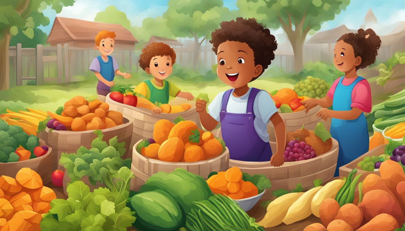 A vibrant scene of sweet potatoes surrounded by colorful fruits and vegetables, radiating energy and vitality for a child's growth and development