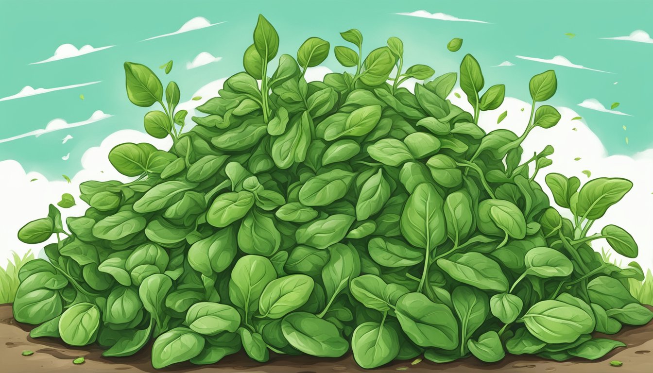 Fresh spinach leaves towering over a pile of sturdy bones, surrounded by vibrant sprouts reaching towards the sky