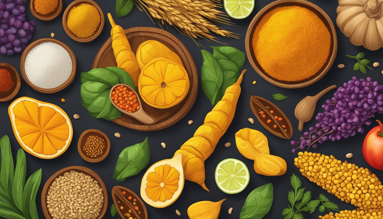 A vibrant array of turmeric-infused fruits, vegetables, and grains arranged on a wooden table, surrounded by colorful spices and herbs