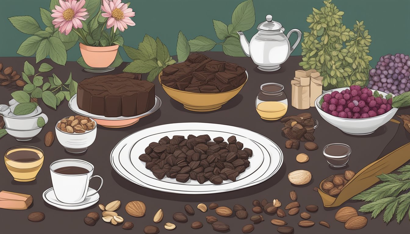 A table spread with dark chocolate, nuts, and berries, surrounded by herbal teas and supplements for menstrual comfort