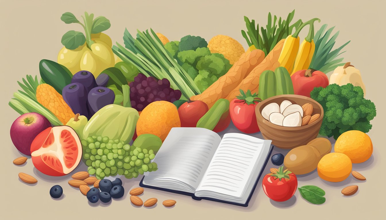 A bowl of almonds surrounded by fresh fruits and vegetables, with a book titled "Nutritious Guide for Menstrual Comfort" open on a table