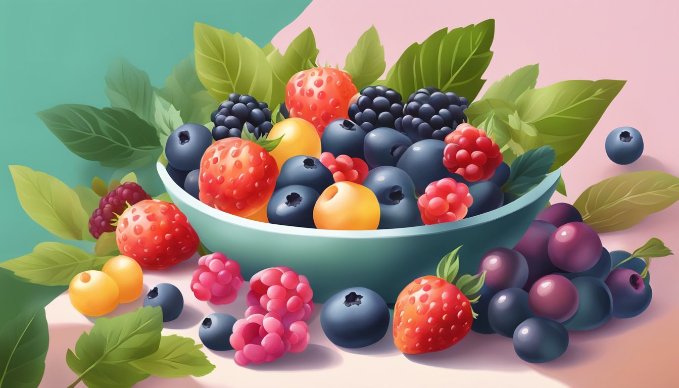 A variety of colorful berries arranged in a bowl, surrounded by leaves and flowers, with a soft light shining on them