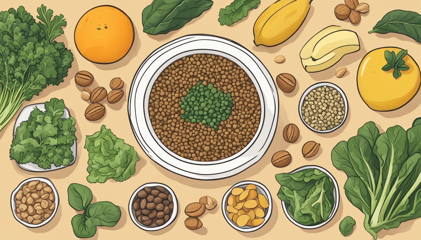 A bowl of lentils surrounded by various foods associated with menstrual comfort, such as leafy greens, nuts, and fruits, arranged on a table