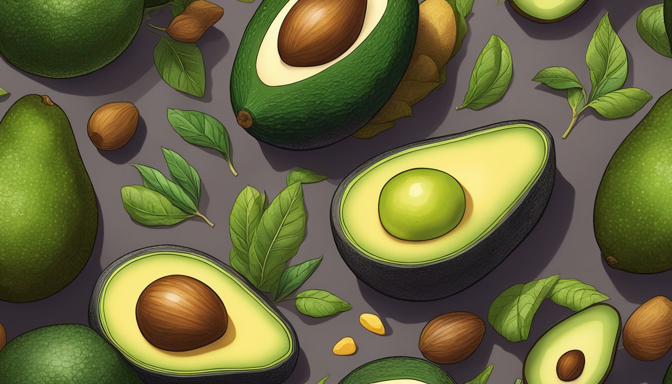 A colorful array of ripe avocados, leafy greens, and other nutrient-rich foods arranged on a table, with a soft, warm light casting a comforting glow over the scene