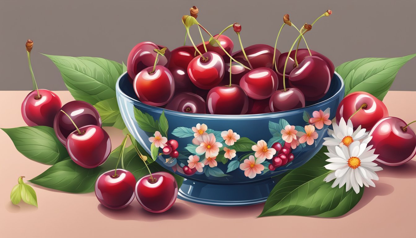 A bowl of cherries surrounded by leaves and flowers