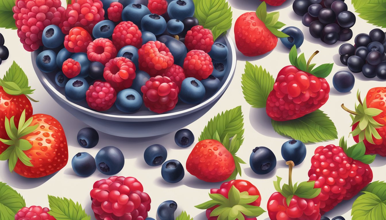 A variety of vibrant berries arranged on a wooden table with a bowl of cherries, strawberries, blueberries, and raspberries