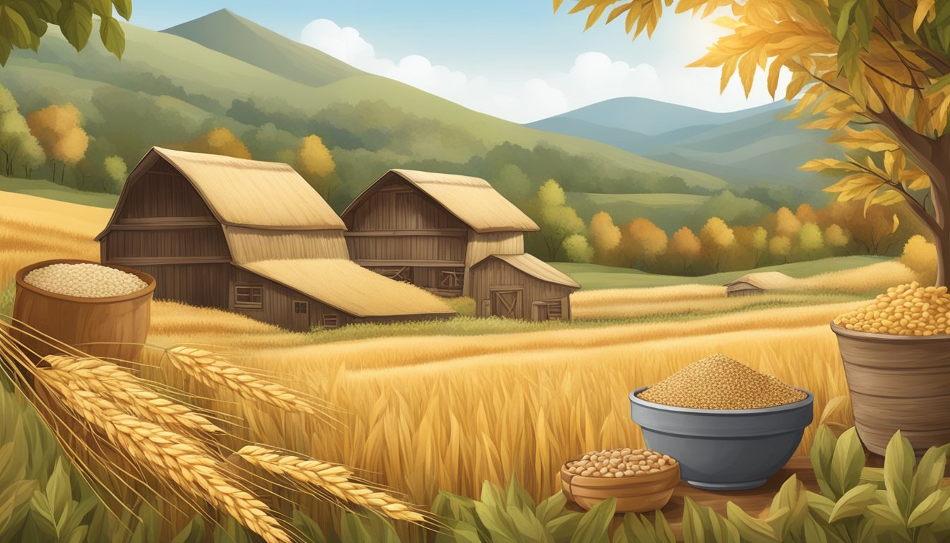 A bountiful harvest scene with an assortment of whole grains such as quinoa, barley, oats, and brown rice arranged in a rustic setting