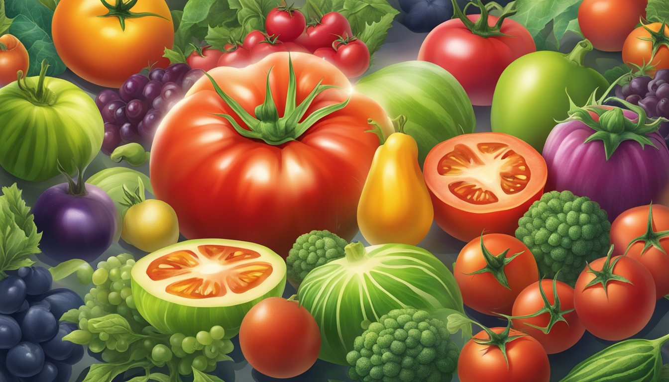 A ripe tomato surrounded by other colorful fruits and vegetables, with a glowing aura emanating from it