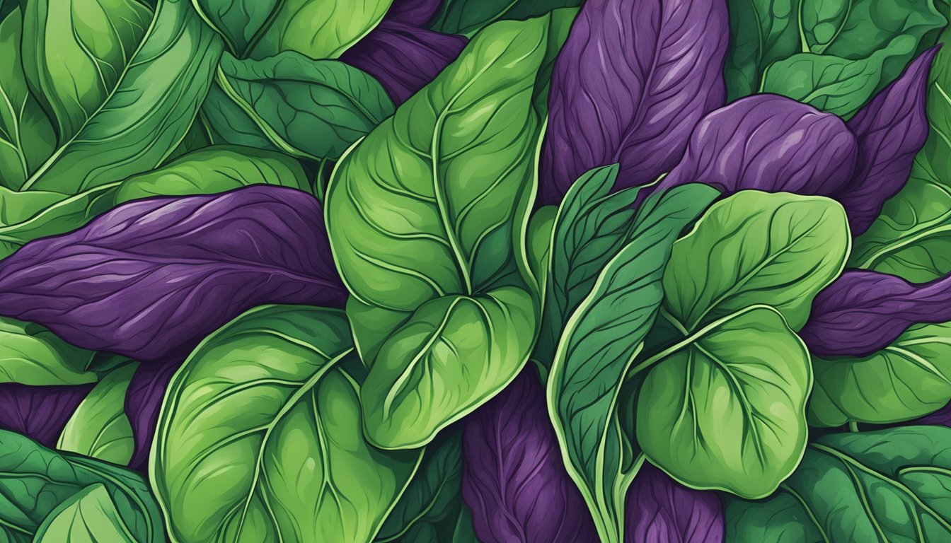 A vibrant green bunch of spinach leaves bursting with energy, surrounded by a cluster of deep purple varicose veins