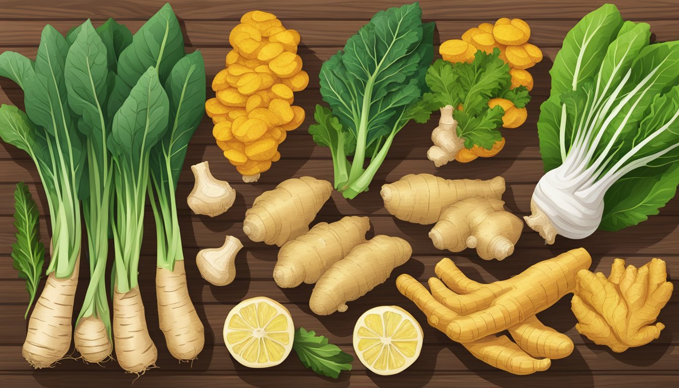 A variety of ginger root, turmeric, and leafy greens arranged on a wooden cutting board