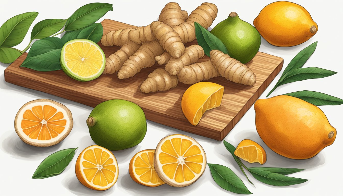 A vibrant assortment of turmeric root, ginger, and citrus fruits arranged on a wooden cutting board