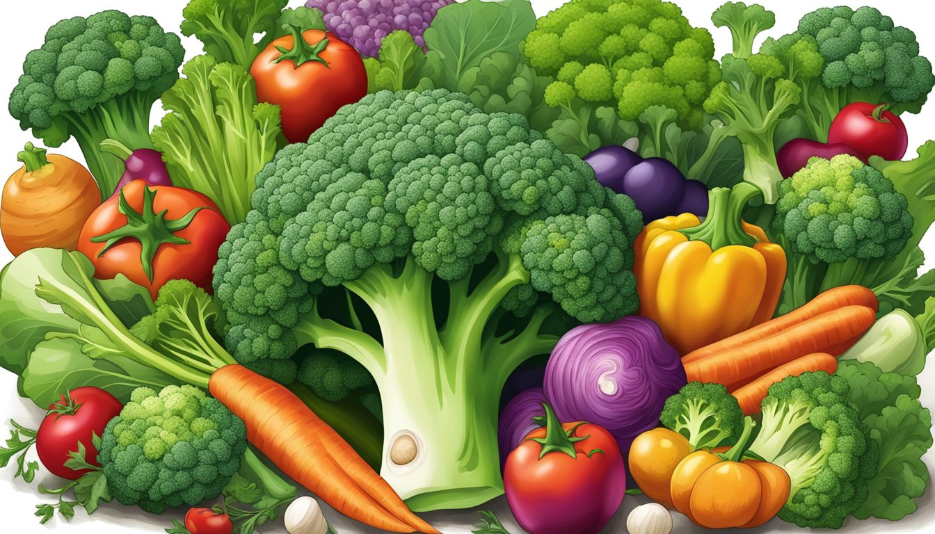 A vibrant green broccoli surrounded by other colorful vegetables, symbolizing natural combat against prostate enlargement