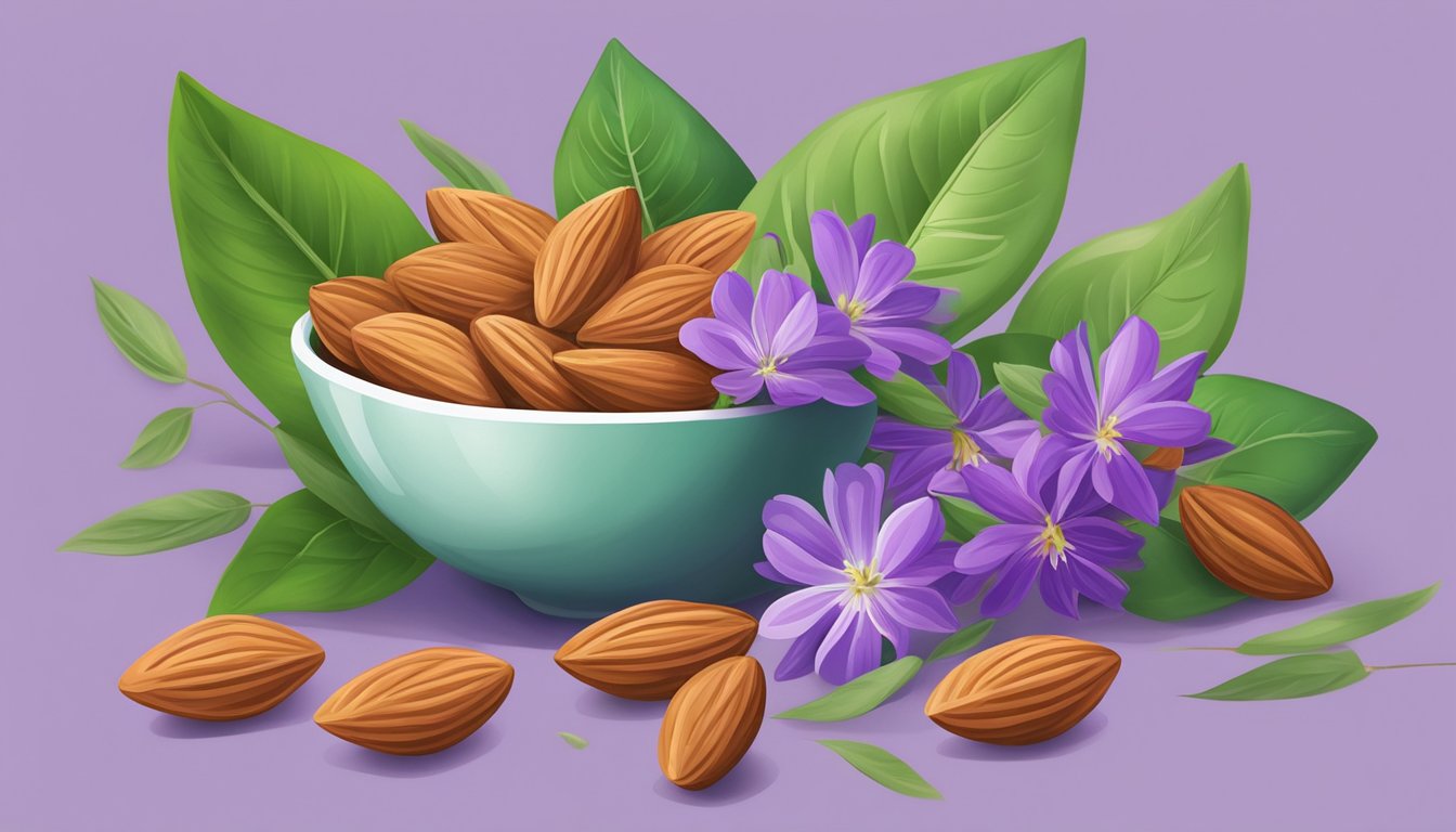 A bowl of almonds surrounded by fresh green leaves and vibrant purple flowers