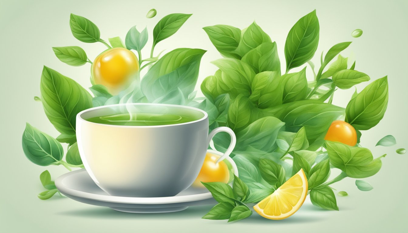 A steaming cup of green tea surrounded by fresh tea leaves and prostate-healthy foods like tomatoes and nuts