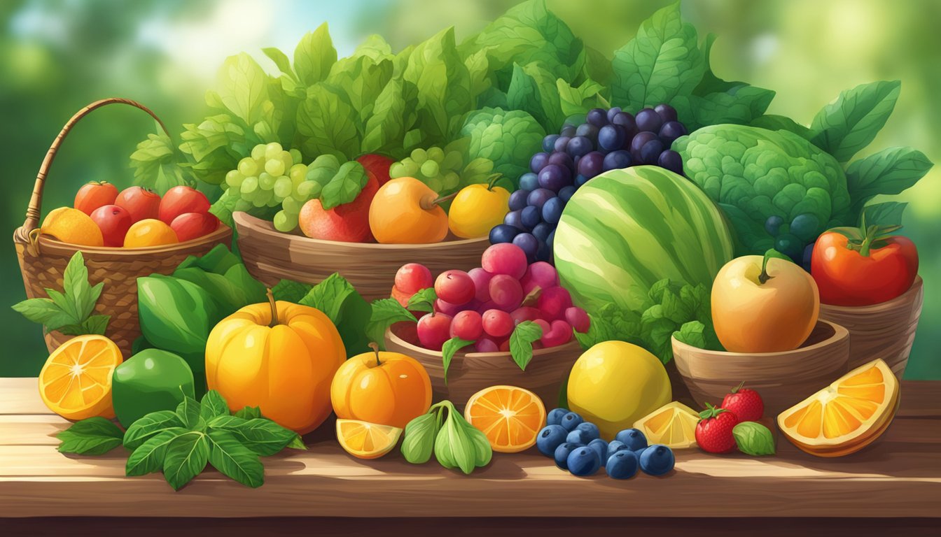 A vibrant array of fruits, vegetables, and herbs arranged on a wooden table, surrounded by lush greenery and dappled sunlight