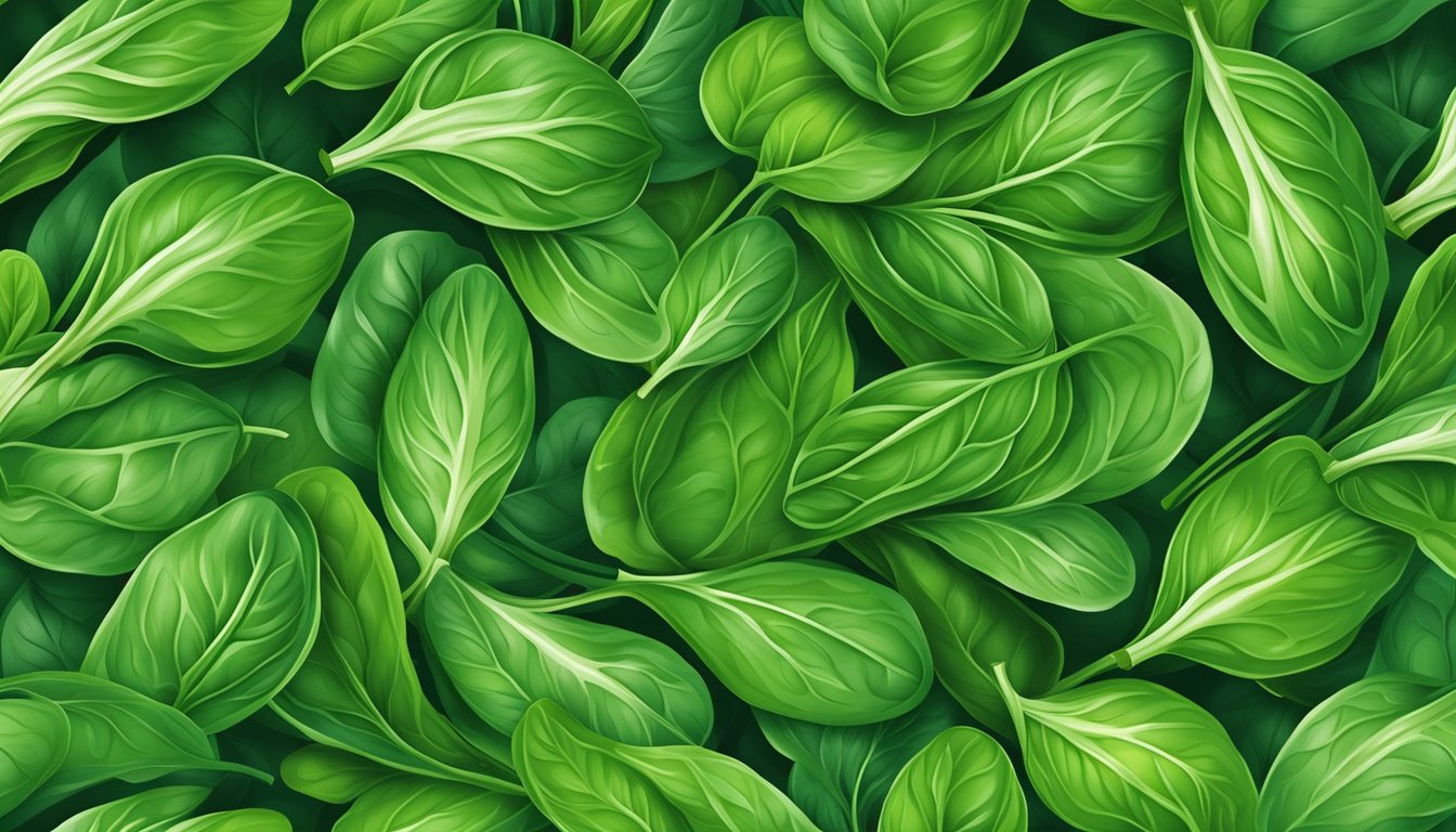 Fresh spinach leaves swirling in a vibrant, dynamic pattern, symbolizing the power of this food to enhance blood flow and circulation