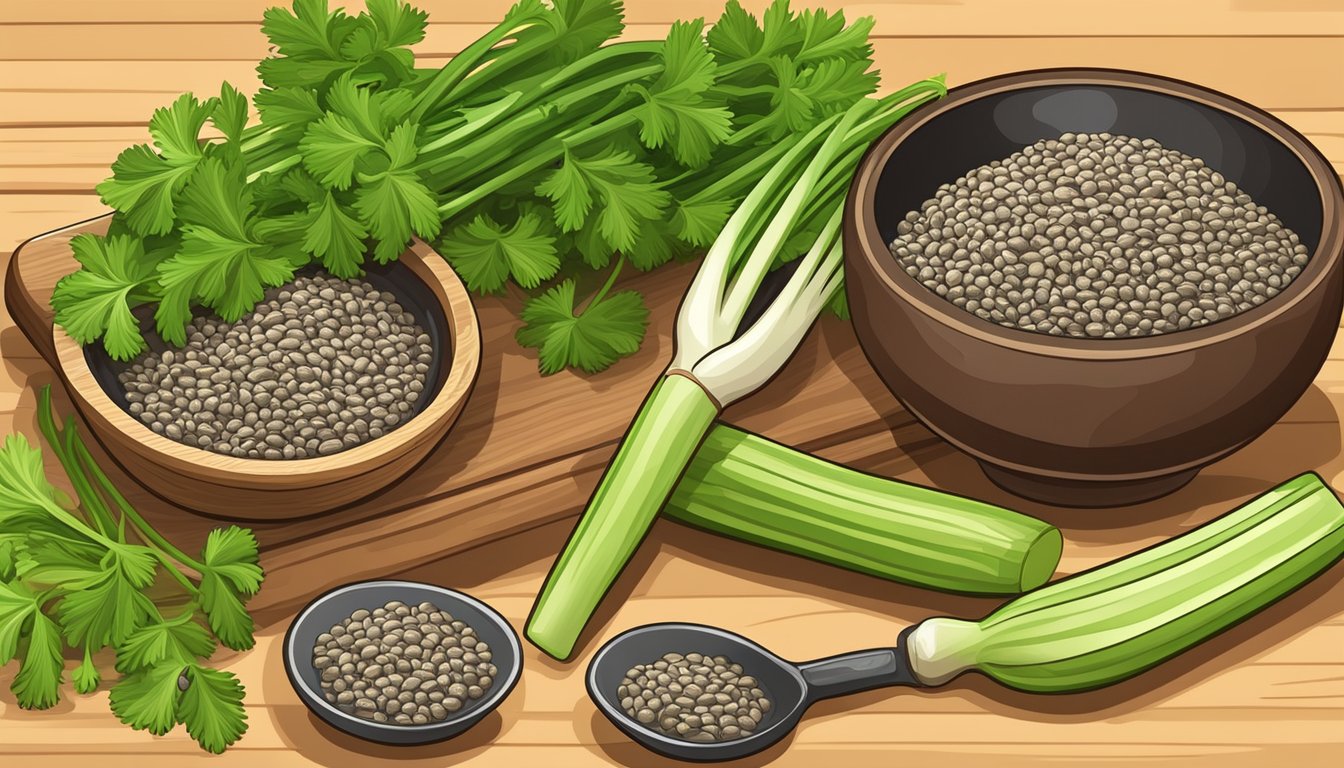 A bowl of celery seeds surrounded by fresh celery stalks and a mortar and pestle on a wooden cutting board